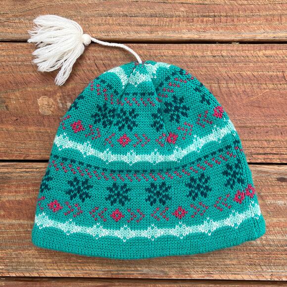 Vintage Fair Isle Wool Beanie USA Made Ski Hat Green Fleece Lined Tassel Knit - Picture 8 of 10